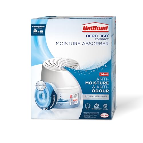 UniBond AERO 360° Humidity Absorber with 1x Refill, Dehumidifier for Effective Air Circulation, Humidity Controller Reduces Excess Moisture, 1 Device incl. 1 refill tab 450g