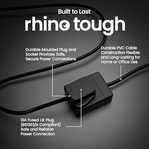 rhinocables Extension Cord Power Cable Lead with UK Pin Plug Mains Power Supply, 13amp, Single Socket (1m) - Image 3
