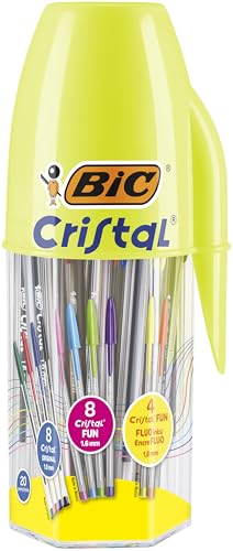 Pot de 20 stylos bille BIC Cristal Original et BIC Cristal Fun pointes moyenne et large couleurs assorties