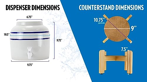 New Wave Enviro Porcelain Dispenser, Classic Blue Stripe Design with Wood Counter Stand, 2.5 Gallon Capacity with Included BPA Free Spigot and Crock Ring