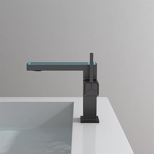 Miniatura 9 de Weirun Grifo de montaje en cubierta cuadrada con un solo agujero para lavabo, para baño, con pantalla digital, temperatura LED, color negro mate