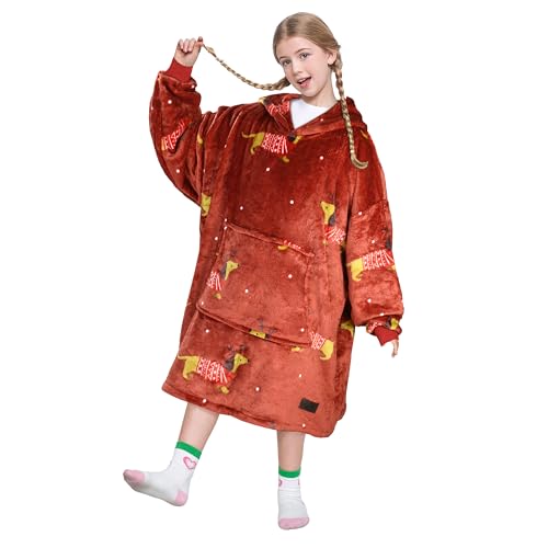 Catalonia Classy Übergroße Fleece Hoodie Decke, Weiche und Warme Decken Hoodie Kinder, Tragbare Decke with Großer Fronttasche für Teenager, Mädchen und Jungen, Weihnachtsgeschenke, Wein Dachshund