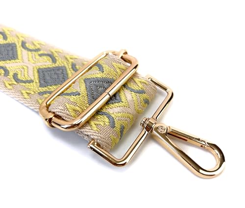 Image of Beige Yellow Gray Boho Diamond Purse Strap with Light Gold Hardware 2 Inch Wide Replacement Crossbody Guitar Style Shoulder Strap for Handbags Totes