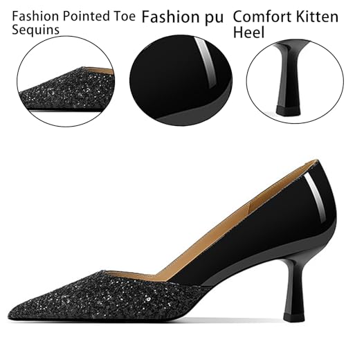 Women's Pointed Toe Kitten Heel Sequins Pumps Fashion Comfort Slip on Low Heel Dress Work Shoes Wedding Bridal Party Evening Shoes3