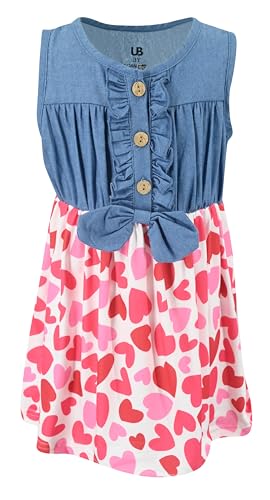 Image of Unique Baby Girls Sleeveless Denim Dress with Knot Tie and Fun Print for Toddler and Big Kids