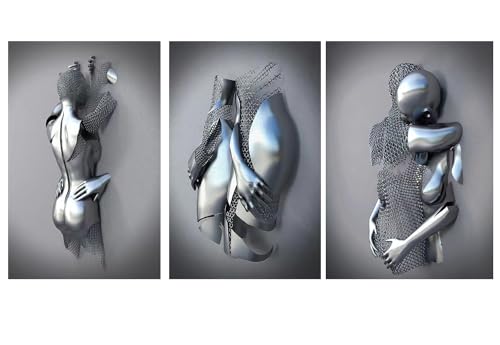 JUNENTER 3D ウォールアート 装飾アートワーク フィギュア 像 モダンアート キャンバス絵画 バスルーム 寝室 装飾用 大型ウォールアート (3ピース ハグ キス)