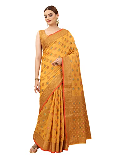 Image of SWORNOF Women's Banarasi Patola Silk Blend Saree with Blouse Piece (Orange)