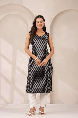 Image of Ichaa Women's All-Over Printed Sleeveless Kurta | Straight Fit Ethnic Kurta | Round Neck Casual Ethnic Wear Kurta