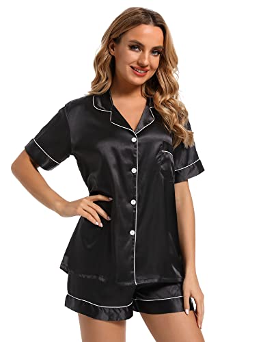 Womens Silk Satin Pajamas Set: Soft Short Sleeve Two-piece Pjs Silky Button-down Sleepwear Loungewear Shorts Set3