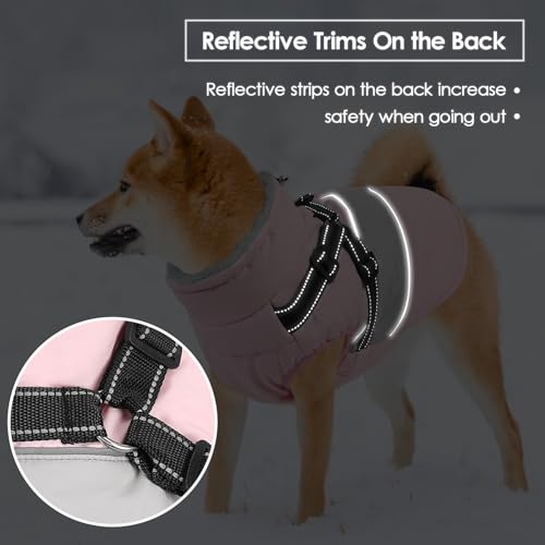Image of Small Dog Coat with Harness Built in, Warm Dog Jacket Winter with Zipper On Back, Waterproof Pet Snow Jacket Snowsuit Pet Sweater Clothes for Puppy, Pink XS