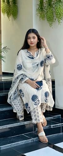 Image of GoSriKi Kurta Sets for Women Viscose Printed | Kurta Pant Dupatta Set | Straight Kurti Set | Round Neck V-Slit 3 /4 Sleeve Ethnic Outfit | Designer Indian Kurti Clothing with Pants