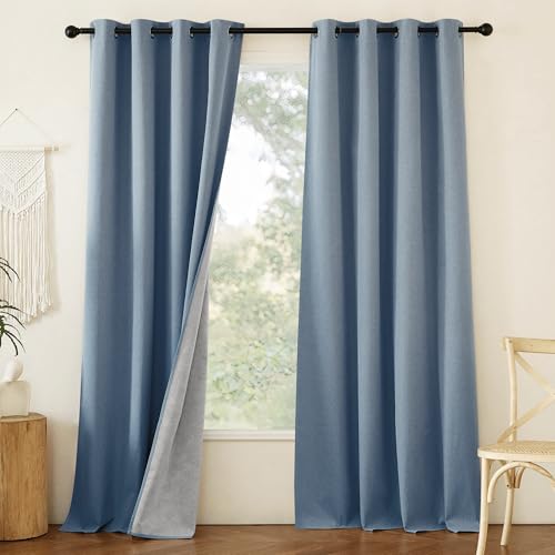 Image of NICETOWN Stone Blue Full Shade Faux Linen Curtain Panels 90 inch Long, Pair of Energy Smart & Noise Blocking Out Blackout Drapes for Guest Room Window, Thermal Insulated Lined Window Dressing (52 inch)