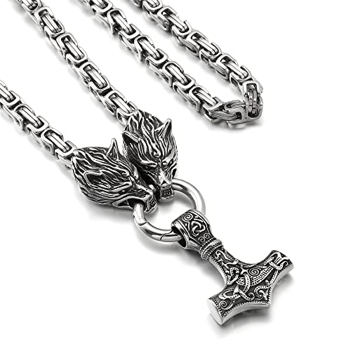 AFSTALR Collier Viking Nordique Homme，Argent Mjolnir vikings Marteau de Thor Acier Inoxydable Tête de Loup Ensemble collier viking homme Bijoux 60cm