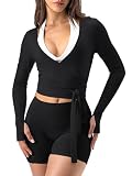 AVGO Women Yoga Tie Wrap Top Long Sleeve V Neck Shirts Pilates Dance Cropped Workout Tops Ballet Athletic T Shirts with Thumb Holes(Black, Medium)