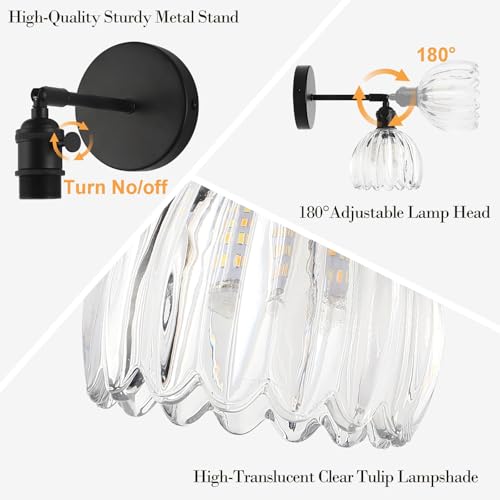 Image of Vintage Wall Sconce - 180 Adjustable Black Wall Light with Clear Tulip Glass Shade, Hardwired Sconces for Bedroom, Living Room & Hallway (3000K Bulb Included)