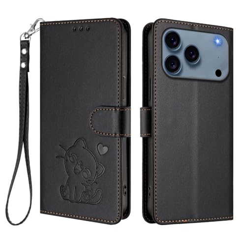 Étui iPhone 16 Plus noir avec motif chat, portefeuille en cuir à rabat