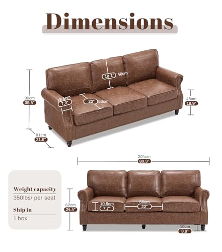 Image of Kingfun Mid-Century Modern Couch, Faux Leather Sofa, 3 Seater Couch for Living Room with Rolled arms & Nailhead Trim, Dark Brown