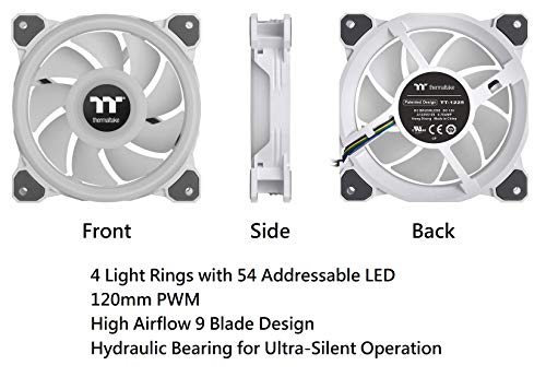Image of Thermaltake Riing Quad 140mm 16.8 Million RGB Color (Alexa, Razer Chroma) Software Enabled 4 Light Rings 54 Addressable LED 9 Blades Hydraulic Bearing White Case /Radiator Fan, 3 Pack, CL-F101-PL14SW-B