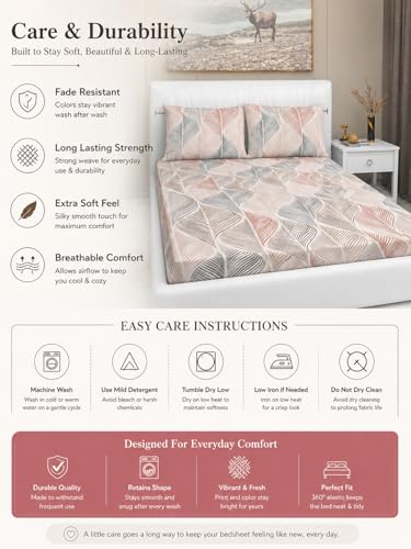 Image of Blue Strip 300 TC Cotton Feel Glace Cotton Elastic Fitted Printed Queen Size Double Bed Bedsheet with 2 Pillow Covers Fits Upto 8 inches,Size- 60x78x8 Inches