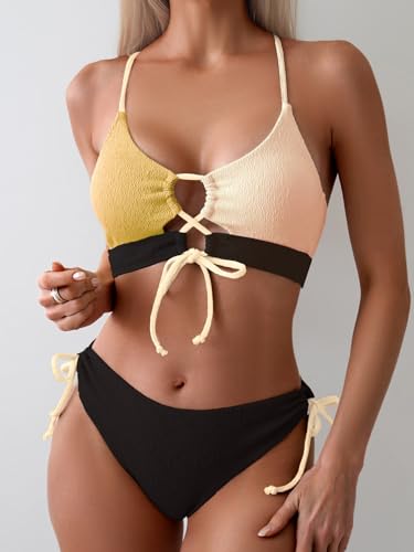Image of B2prity Tie Bikini Top Set Sexy Push Up 2 Piece Swimsuit Color Block Bathing Suit Full Coverage Swimwear for Curvy Women
