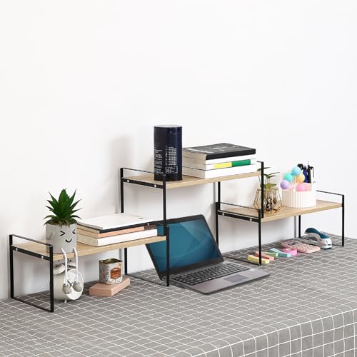 Image of YGYQZ Wood Office Desk Shelf Organizer - Desktop Supplies Cute Dresser Top Organization Storage Rack and Cubicle Decor Aesthetic Bookshelf for Women Man and Kids (Black Wood-Three Tier)