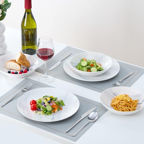 Image of Bestone 12-Piece Round Kitchen Dinnerware Set, Plates, Bowls, Service for 4, Blue and White Marble