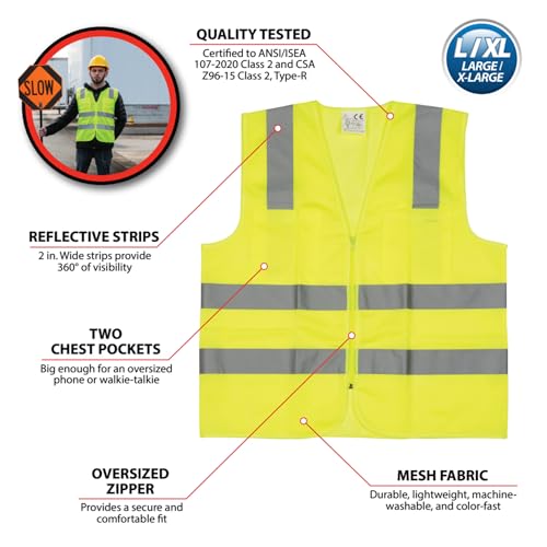 Image of Performance Tool W1580 High-Visibility Reflective Safety Vest, Chest Pockets, Zip Closure, Neon Yellow