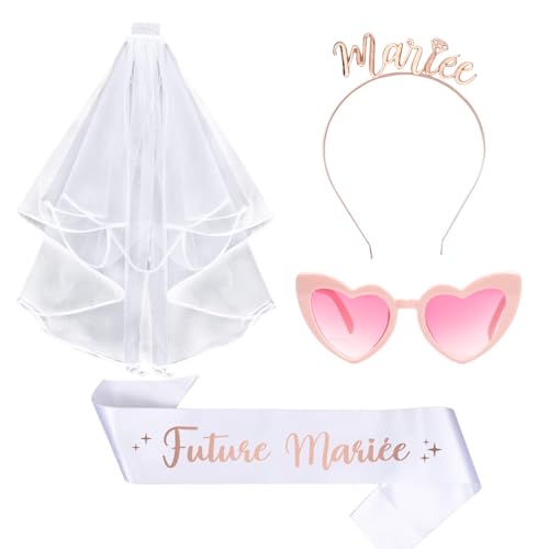 EVJF Accessoire Kit,4 Pièces Bride to Be Accessoire - Voile Mariée Blanc,Or Rose Couronne,Echarpe Evjf,Rose Lunette Coeur,Accessoire Evjf Team Bride,pour Enterrement...