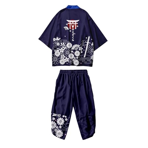 Image of DOSLAVIDA Men's Japanese Kimono Cardigan Suit Chinese Style Printed Jacket Pants Set Open Front Seven Sleeve Top & Shorts