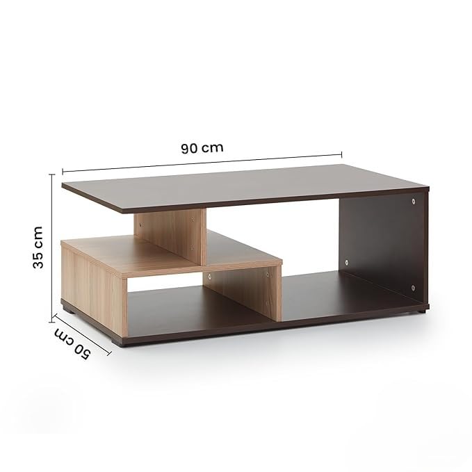 Image of Nexus Geometric Center Table - Modern 2-Tier Coffee Table with Staggered Storage Shelves for Living Room | Premium 15mm Engineered Wood, Dark Walnut & Light Oak Finish (90x50x35 cm)