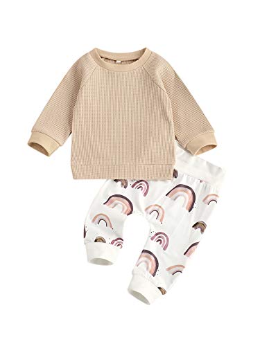Image of Infant Baby Girl Boy Outfit Long Sleeve Rainbow Pullover Tops with Leopard Pants 2pcs Set Winter Spring Clothes
