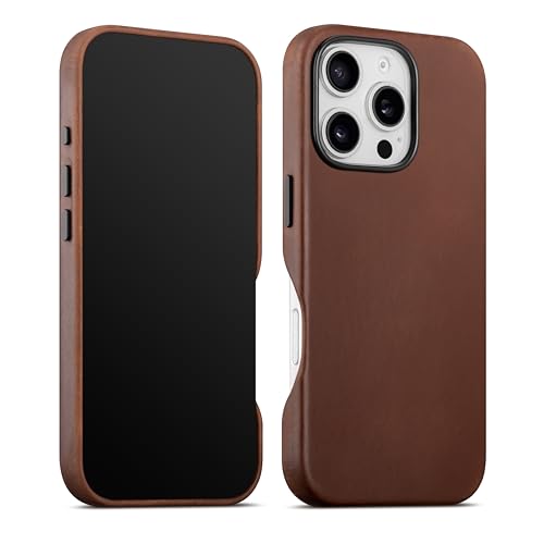 Coque iPhone 16 Pro Max cuir marron anti-choc et compatible MagSafe Maogoam