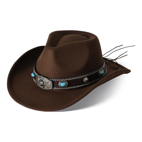 Cowboyhut Damen Herren Westernhut Fedora Hut Breiter Krempe mit Lederband (Braun 7#)