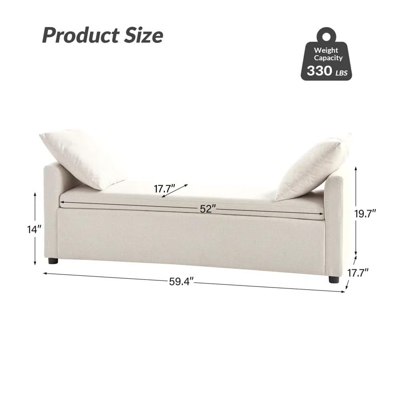 Image of Upholstered Storage Bench with Armrests | Fabric Sofa Bench with Hidden Storage & Cushions | Bedroom Living Room Entryway Seating | Modern Ottoman Bench Footrest End of Bed Bench | Beige