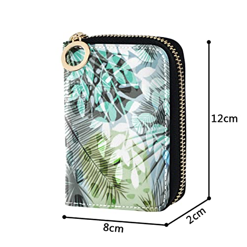 Seamless Exotic Tropical Plants Palm Tree Leaves in Retro StyleGrey Credit Card Coin wallet, RFID Blocking Compact Women Leather Card Holder, Key Change Organizer, Zipper Purse Clutch Pouch4