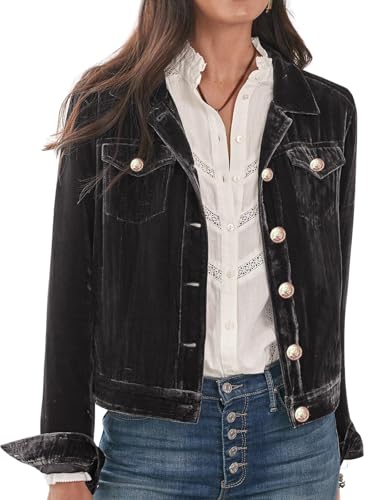 Women's Velvet Jacket Long Sleeve Button Down Cropped Open Front Coat with Pockets