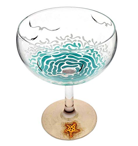 Beach Themed Margarita Glass - Hand Painted - 16.75 oz - Waves, Seagulls, Sparkly Sand, Sea Shell, Starfish - Personalized