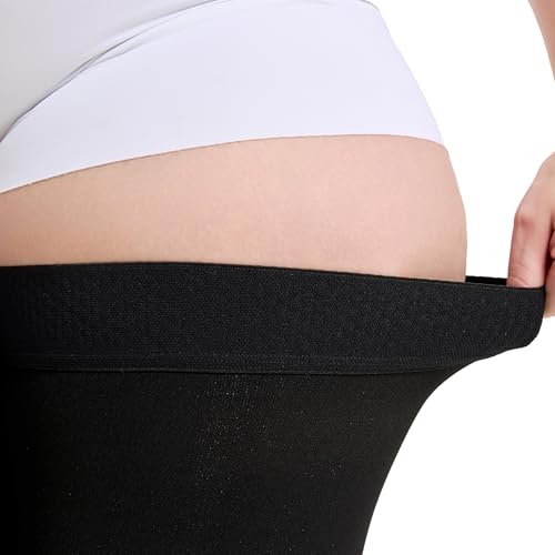 Image of Plus Size 4XL Thigh High Compression Stockings Footless- 15-20mmHg Moderate Full Leg Support Hoses with Unisex Reinforced Silicone Top Band, Breathable Fabric in Black for Nurses & Extended Standing