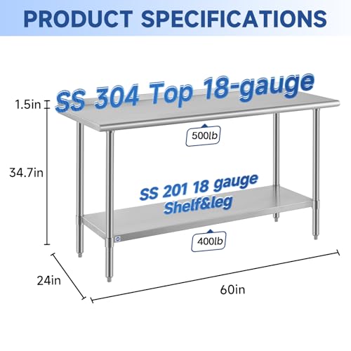 Image of ROCKPOINT SS304 Top All Stainless Steel Table for Prep & Work with Backsplash 24x60 Inches, NSF Commercial Kitchen Heavy Duty Table with Adjustable Undershelf for Restaurant,Kitchen, Home and Hotel