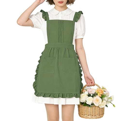 ARBINSON Vintage Ruffle Apron for Women with Pocket Frilly Kitchen Cooking Waitress Maid Costume Skirt StyleGreen