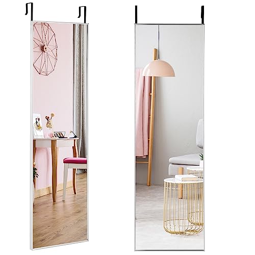 RELAX4LIFE Over the Door Mirror, 120 x 37cm Full Length HD Glass Mirror with Hooks, Wall Mounted Hanging Mirror for Bathroom Bedroom Wardrobe(Silver)