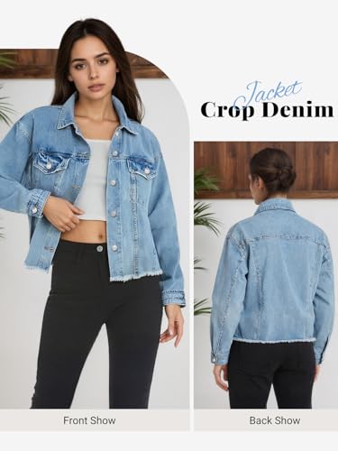 Women's Cropped Soft Denim Jacket Frayed Washed Jean Jacket with Button Up Design2