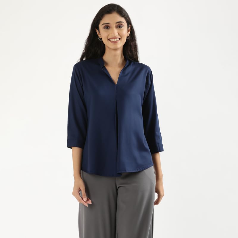 Image of SAADAA Top for Women, Viscose Pleated Tops, V-Neck with a Collar, 3 /4 Sleeve Length, Office & Casual Wear