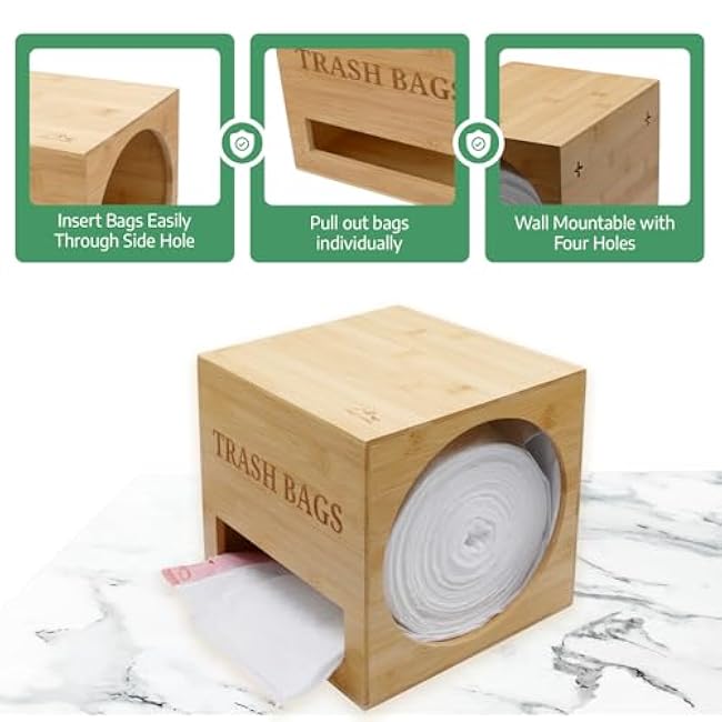 Largest Club Size Trash Bag Holder 10x8.25- Dispenser Holds 200 Bags & Regular Size Rolls, Convenient Design, Countertop or Wall-Mounted, Sturdy Bamboo, Easy to Clean