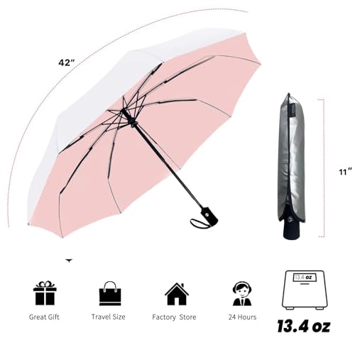 Image of SIEPASA Compact Travel Umbrella - Windproof Auto Open /Close, Small Folding Umbrella for Rain & Sun with UPF50+ - Lightweight Frame, Waterproof - Fits Backpack, Purse, Suitcase.(Silver /Pink)
