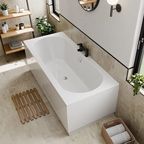 BAYSTONE 1700 x 700mm Designer Double Ended Bathtub Acrylic Bathroom Straight Curved Modern White Gloss Bath Tub