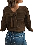 EVALESS Sweaters for Women Long Sleeve Fall Outfits 2025 Trendy Back Bow Knot Sweaters Round Neck Solid Fashion Clothes Knit Pullover Sweater Tops Brown Medium