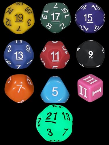 Mother of All Cursed Dice Set - Multi-Color - Set of 10 Unusual Odd Sided RPG dice - D3, D5, D7, D9, D11, D13, D15, D17, D19 and D21