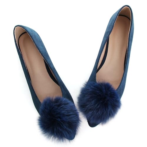 LUXINYU Women's Comfortable Fuzzy Suede Low Heel Pointed Toe Mary Jane Flats Fashion Puff Pompom Dress Shoes Slip On Casual Office Shoes