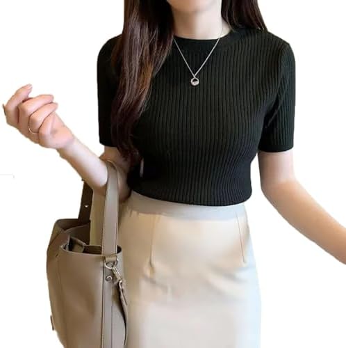 Istyle Can Women Ribbed Slim Fit Top | Stretch Cotton Knit Crew Neck T-Shirt | Solid Casual Short Sleeve Tee for Office, Layering